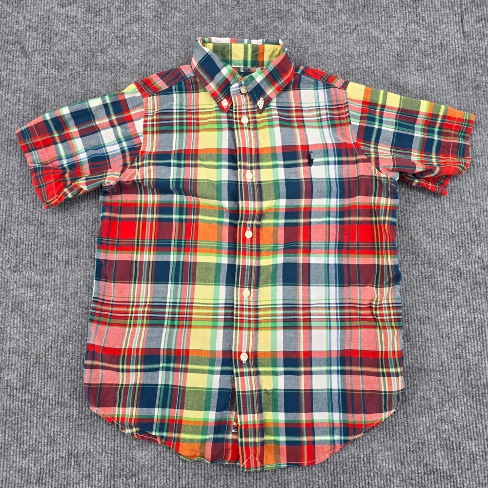 Ralph Lauren Boys Size 6 Short Sleeve Plaid Button Down Shirt Multi Color Pony